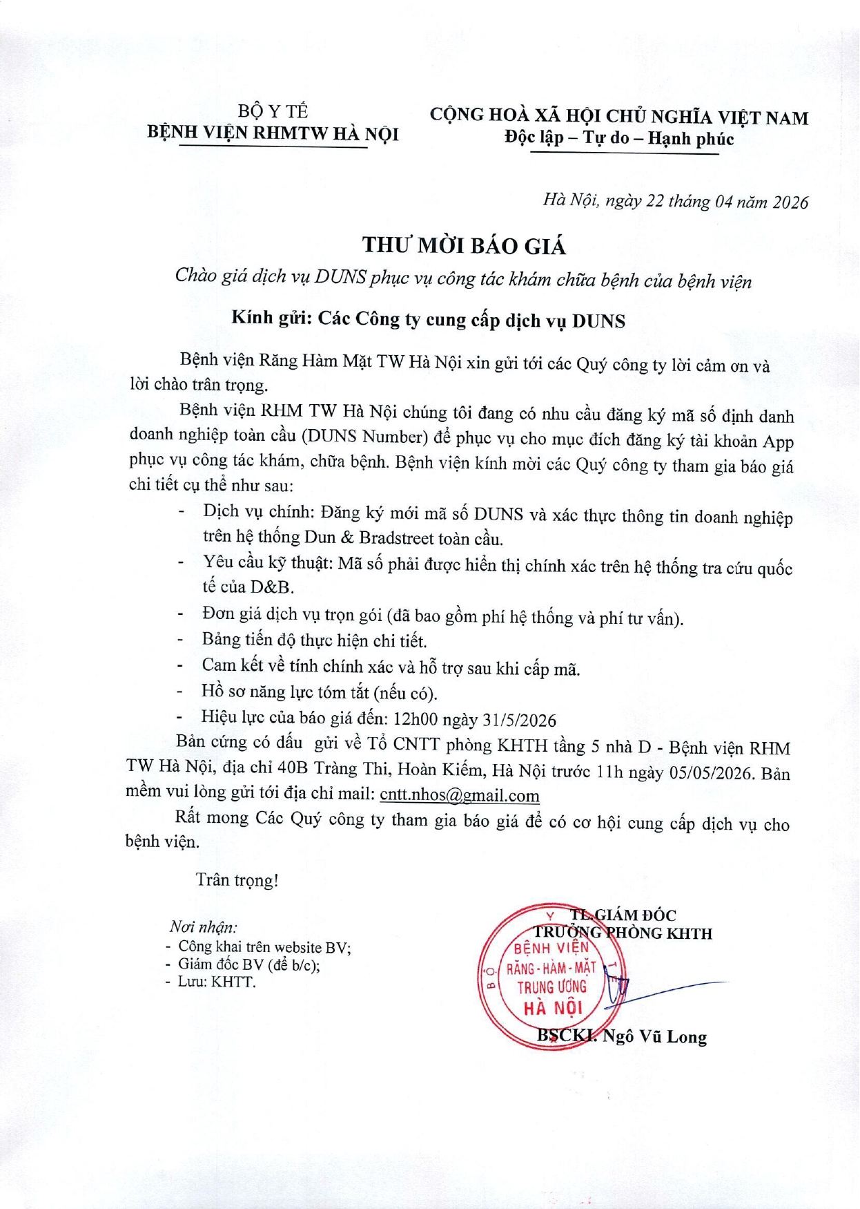 Thư mời báo giá dịch vụ DUNS 